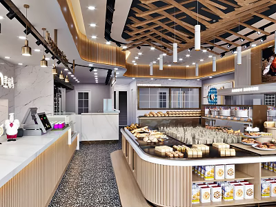 Sweet Shop Interior With Wooden Ceiling Pastry Display Cases And Pendant Lights 3d model
