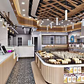 Sweet Shop Interior With Wooden Ceiling Pastry Display Cases And Pendant Lights