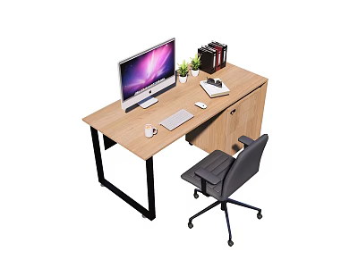 Wooden Office Desk With Computer Monitor Mouse Keyboard Cup Books Potted Plant And Chair 3d model