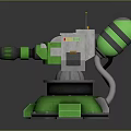 Green Mechanical Weapon Turret with Dual Barrels Antenna and Yellow Warning Stripes