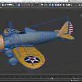 Blue and Yellow Vintage Biplane Fighter Aircraft with U.S. Star Insignia and American Flag Tail