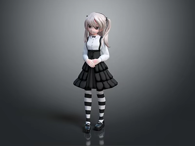 Game And Movie Character Design With Twintails White Shirt Black Pleated Skirt And Striped Socks 3d model