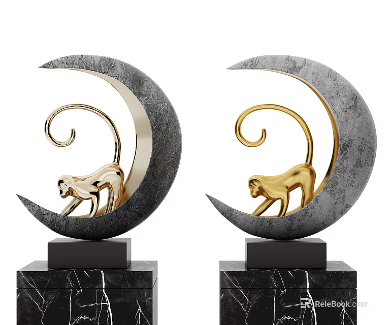 Decorative Ornament Set with Moon Shaped Bases and Golden Monkey Figurines on Black Marble Pedestals 3d model 
