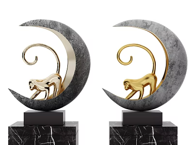 Decorative Ornament Set with Moon Shaped Bases and Golden Monkey Figurines on Black Marble Pedestals 3d model