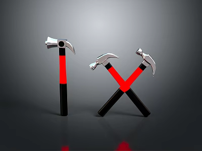 Three Hammers With Red And Black Handles Crossed And Standing Tool Equipment 3d model