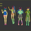 Four Teal Haired Game and Movie Characters in Different Outfits