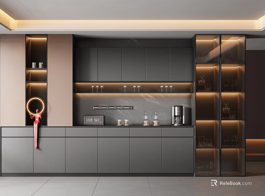 Modern Sideboard Cabinet Design Featuring Gray Finish Glass Doors LED Lighting And Coffee Accessories 3d model 