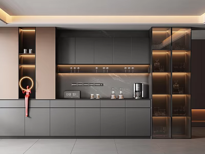 Modern Sideboard Cabinet Design Featuring Gray Finish Glass Doors LED Lighting And Coffee Accessories 3d model