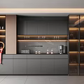 Modern Sideboard Cabinet Design Featuring Gray Finish Glass Doors LED Lighting And Coffee Accessories