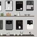 Modern Kitchen Interior Featuring Wall Mounted Appliances And Wooden Shelves With Cups