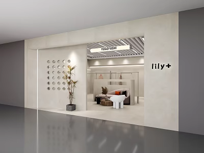 iily+ Mall Store Interior Design With Sofa Shelves Lighting Decorative Wall And Potted Plant 3d model