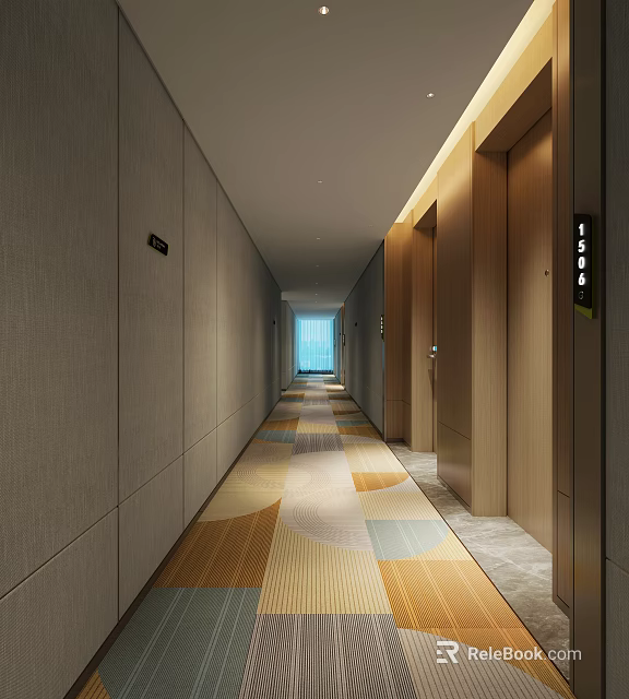 Modern Hotel Corridor Interior With Wooden Elevators Geometric Carpet And Recessed Lighting 3d model 