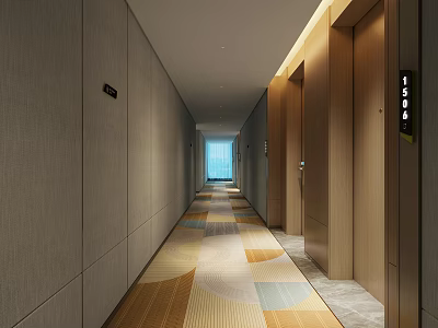 Modern Hotel Corridor Interior With Wooden Elevators Geometric Carpet And Recessed Lighting 3d model