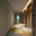 Modern Hotel Corridor Interior With Wooden Elevators Geometric Carpet And Recessed Lighting