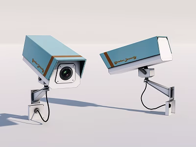 Double Light Blue Projection Surveillance Cameras With Brown Trim And Metal Brackets 3d model