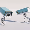 Double Light Blue Projection Surveillance Cameras With Brown Trim And Metal Brackets