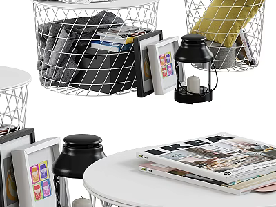 Round White Corner Table with Magazines Picture Frames Small Lantern and Wire Baskets 3d model