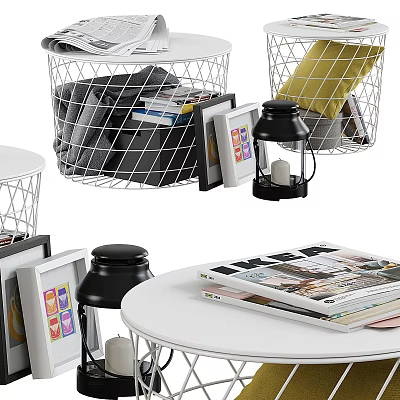 Round White Corner Table with Magazines Picture Frames Small Lantern and Wire Baskets 3d model
