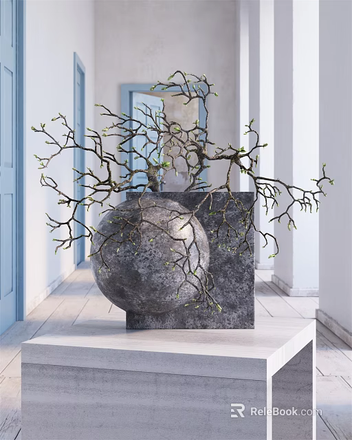 Bonsai Plant With Stone Sphere Planter Square Base And Sprouting Branches On Indoor Display Stand 3d model 