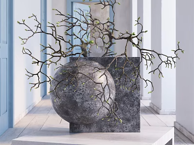 Bonsai Plant With Stone Sphere Planter Square Base And Sprouting Branches On Indoor Display Stand 3d model