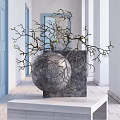 Bonsai Plant With Stone Sphere Planter Square Base And Sprouting Branches On Indoor Display Stand