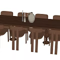 Modern Rectangular Walnut Dining Table Set With Six Chairs And Vase Decor 3d model