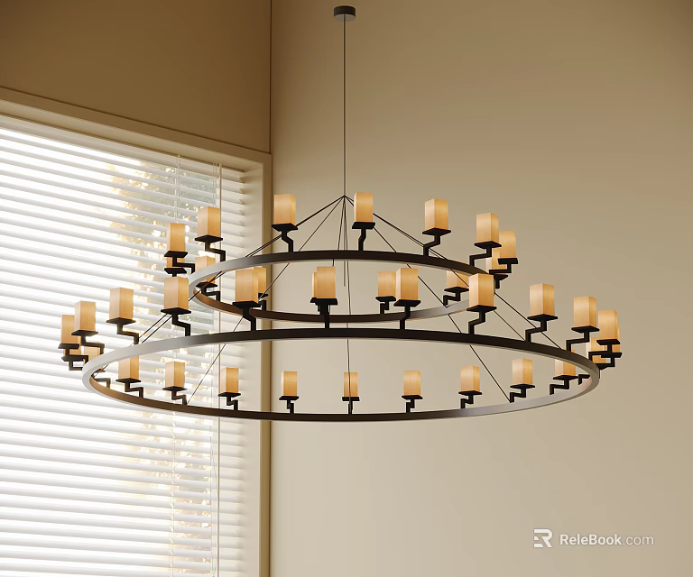 Circular Chandelier With Multiple Candle Shaped Lights And Black Metal Frame Hanging In Room 3d model 