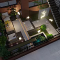 Courtyard Garden Featuring Sunset Sky Black Iron Fence Lush Plants Round Lighting And Illuminated Steps