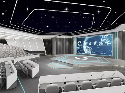 Quantum Laboratory Interior With Starry Ceiling Large Screen Control Desks And Modern Seats 3d model