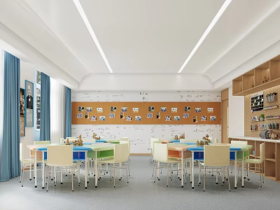 School Classroom Interior With Colorful Desks Chairs Display Board And Bookshelves 3d model