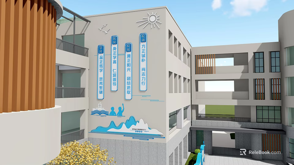Multi Story Building Exterior Wall With Blue Signboards Sun Motif Mountain Wave Patterns 3d model 