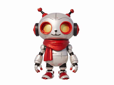 Cute Robot Sculpture with Silver Body Red Scarf Yellow Eyes and Black Headphones 3d model