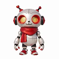 Cute Robot Sculpture with Silver Body Red Scarf Yellow Eyes and Black Headphones