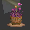 Green Plants With Pink Flowers In Wooden Barrel Pot And Bee