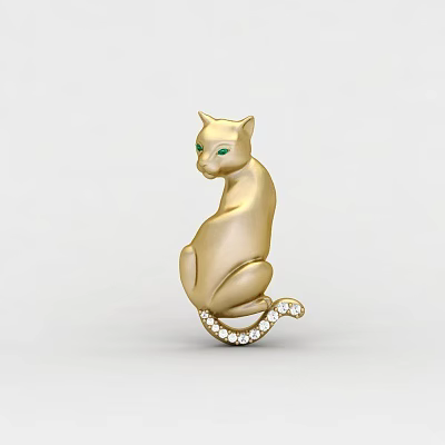 Golden Cat Shaped Jewelry With Green Eyes And Diamond Studded Tail 3d model Golden Cat Shaped Jewelry With Green Eyes And Diamond Studded Tail 3d model
