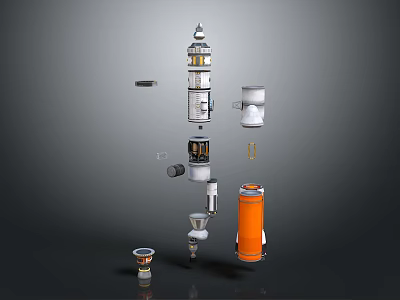 Industrial Equipment Components Featuring Tower Structure Cylindrical Parts And Orange Container 3d model