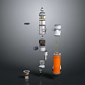 Industrial Equipment Components Featuring Tower Structure Cylindrical Parts And Orange Container