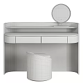 Light Wood Modern Dressing Table With Round Mirror Storage Drawers And Upholstered Stool