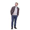 A Stylish Man In Brown Jacket White Turtleneck Blue Jeans And Brown Shoes