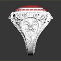 Elegant White Carved Ring With Red Gemstone And Pink Dots Design