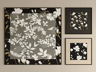 Abstract Paintings With Framed Floral Leaf Patterns In Black White Gold Wall 3d model