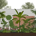 Lush Tropical Garden Landscape With Palm Trees Banana Plants Colorful Flowers And Wooden Deck