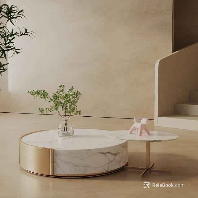 Sofa and Coffee Table Set with Marble Top Gold Legs Green Plant and Pink Figurine 3d model 