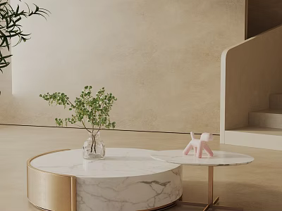 Sofa and Coffee Table Set with Marble Top Gold Legs Green Plant and Pink Figurine 3d model