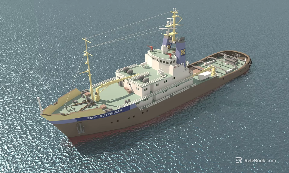 Large Brown And White Cargo Ship With Deck Mast Sailing On Calm Sea 3d model 