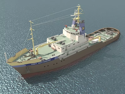 Large Brown And White Cargo Ship With Deck Mast Sailing On Calm Sea 3d model