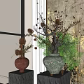 Terracotta And Green Vases With Pine Cones Pine Branches On Wooden Stands