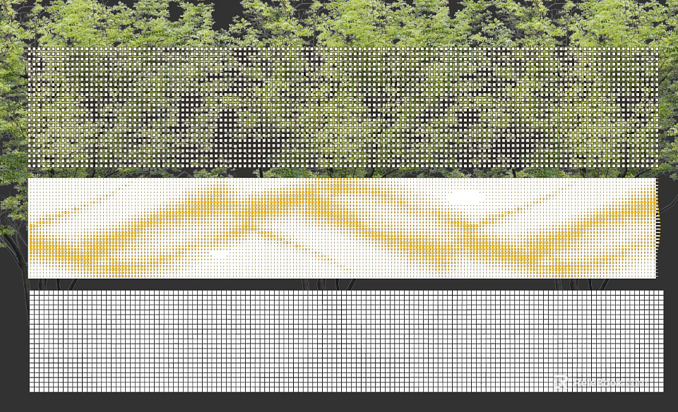 Building Exterior Wall With Green Plants And White Yellow Grid Pattern Design 3d model 