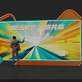 Check In Area With Large Screen Colorful Background Orange Frame Man In Suit And Models