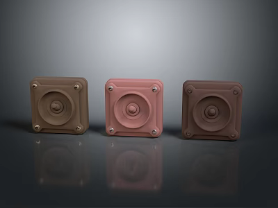 Three Square Small Electronic Appliances With Round Button Brown Pink Dark Brown Compact Design 3d model
